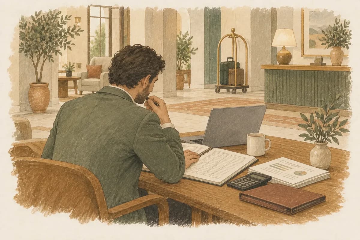 A hotel operator works through figures in a ledger beside a laptop.
