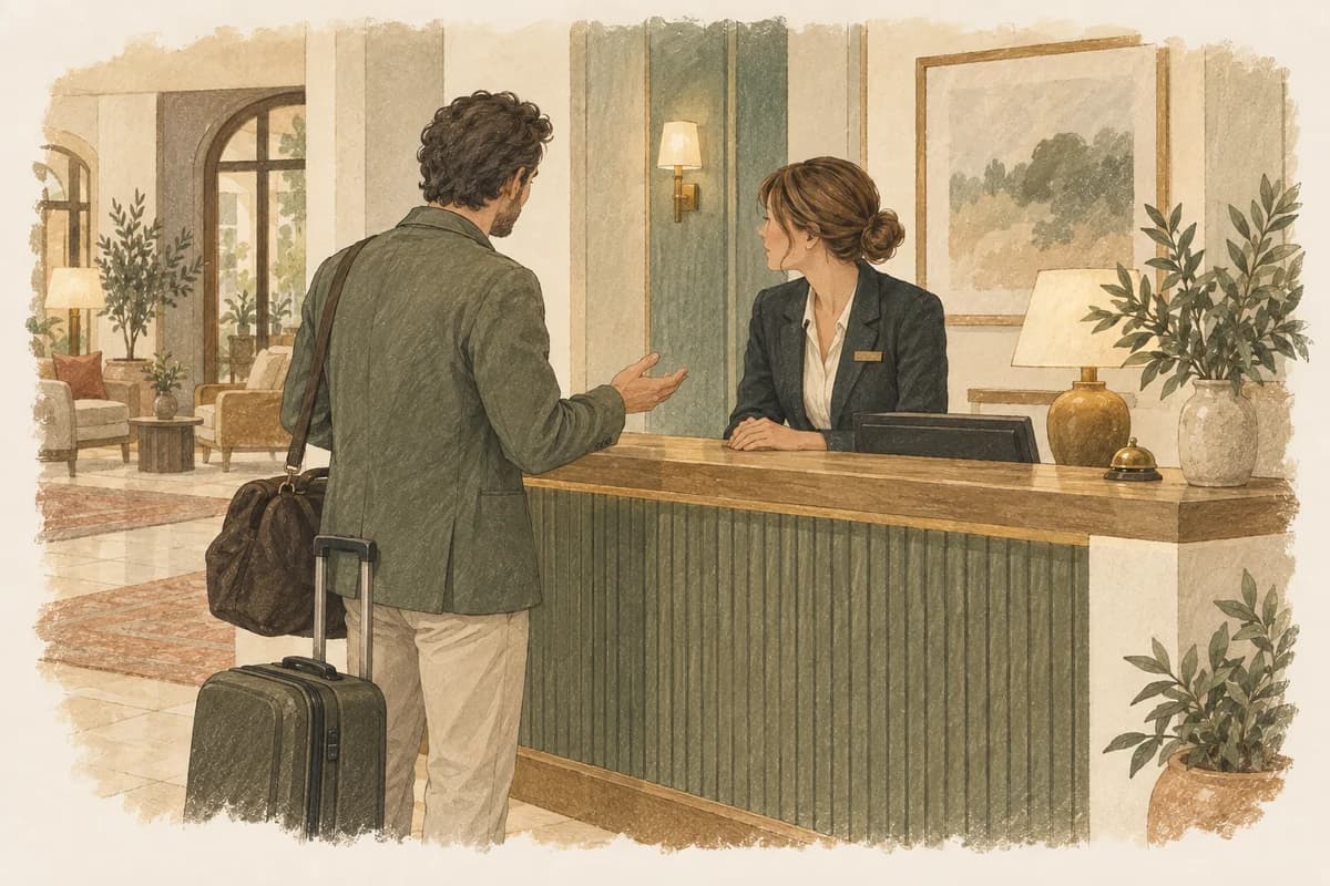 A hotel staff member listens to a guest describing a concern at the service desk.