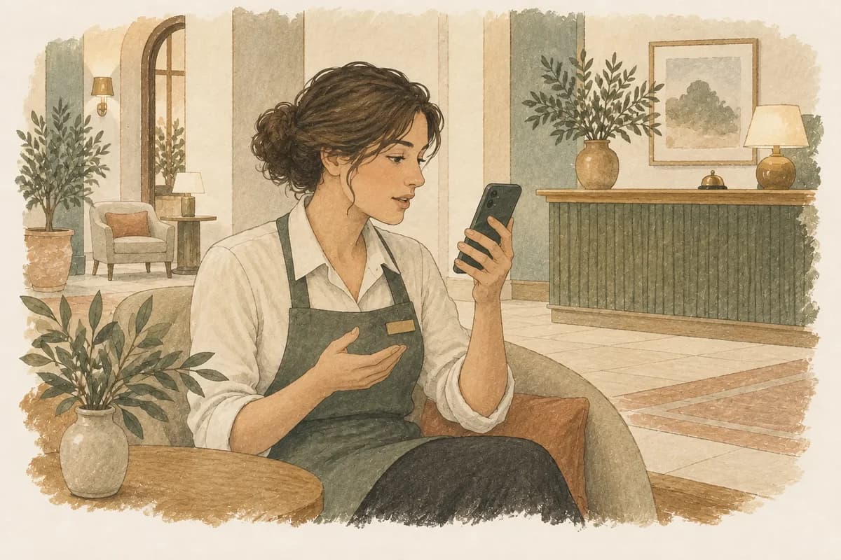 A hospitality worker practises a spoken response using a phone.
