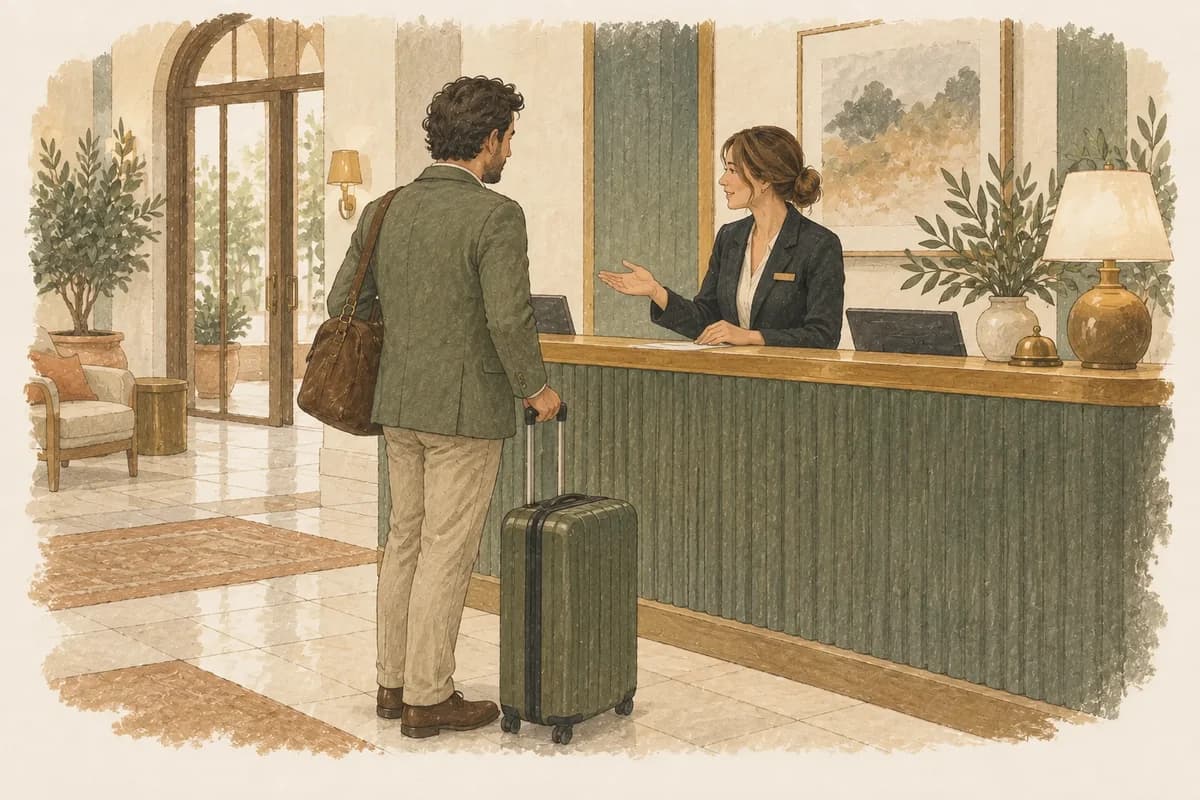 A hotel staff member greets an arriving guest at the service desk.