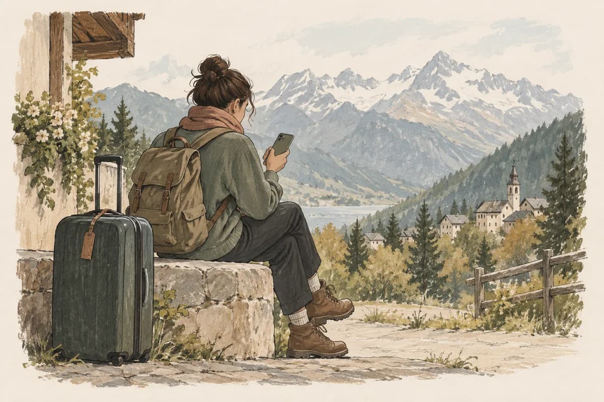 A person with a suitcase reads on their phone, with mountains in the distance.