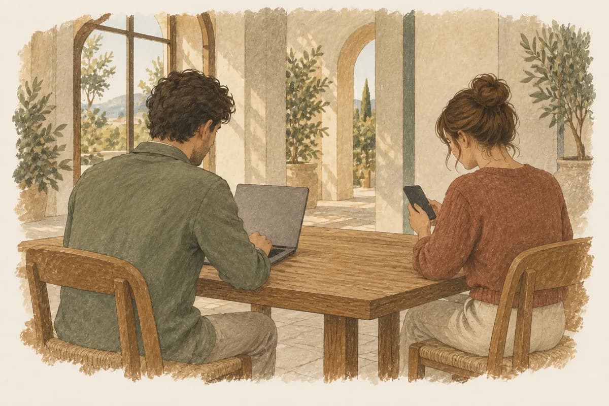 Incoming staff read the hotel library on a laptop and phone.