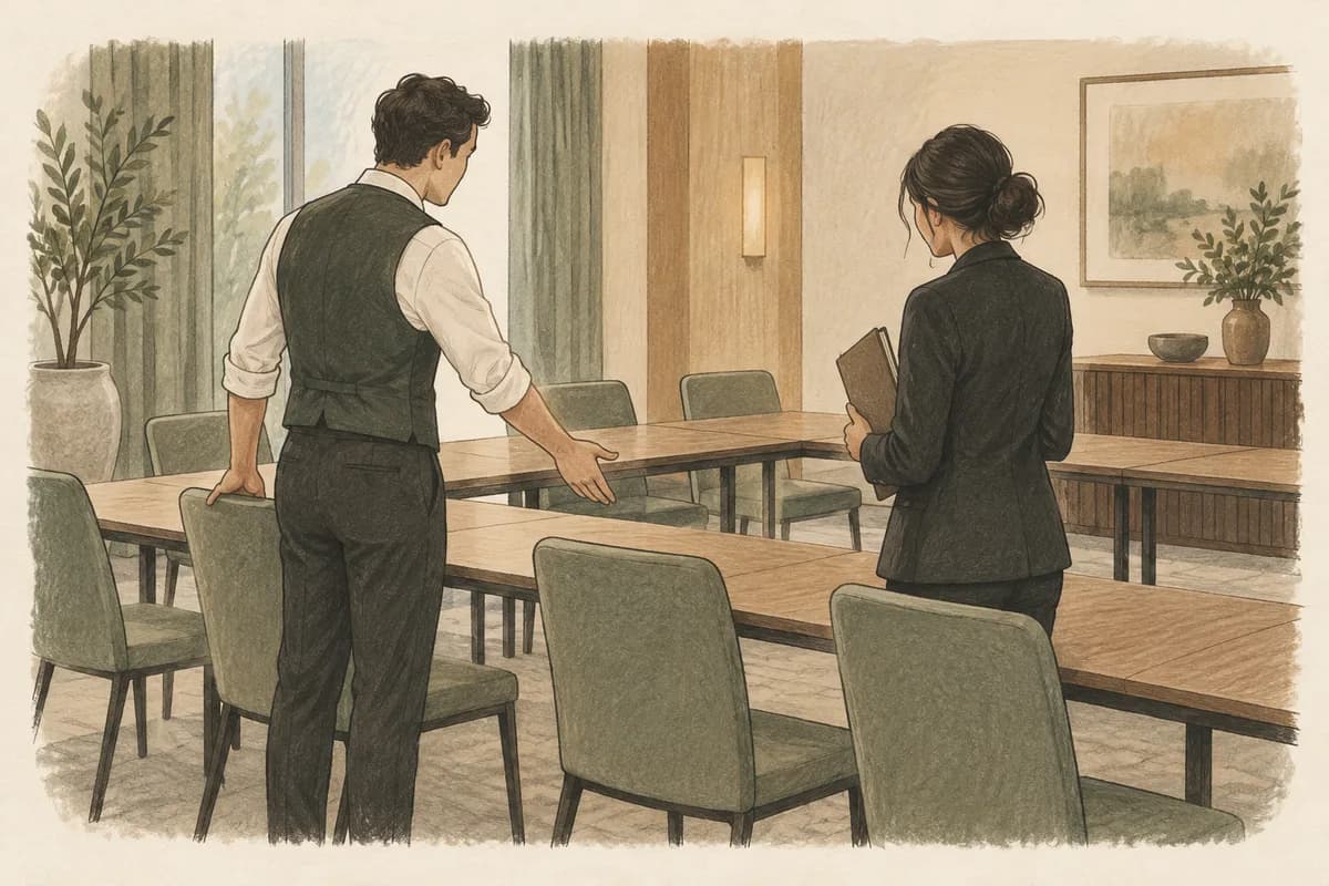Hotel colleagues discuss the arrangement of a room for a group business meeting.