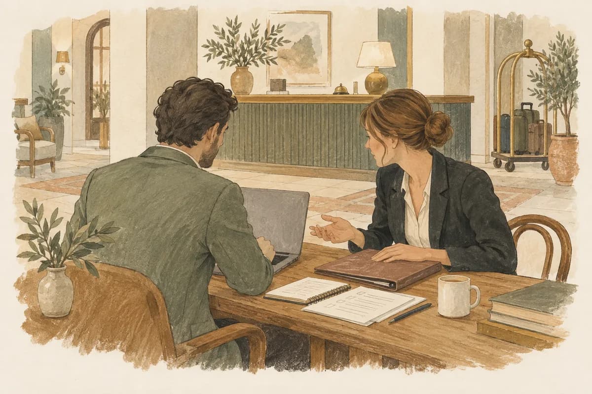 Two hotel managers prepare material together at a laptop beside an SOP folder.