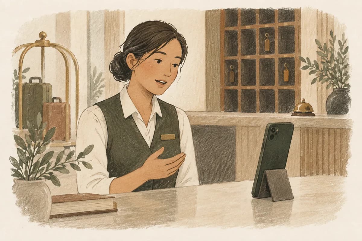 A staff member records an explanation on a phone propped on a table.